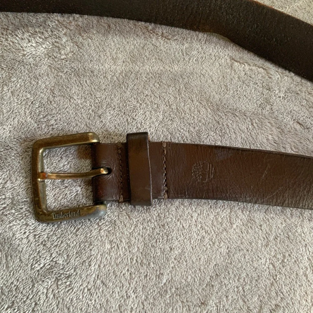 Timberland Mens Brown Leather Belt Brass Buckle Logo Embossed Size 36 38